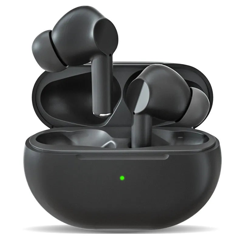 Pro4 black and white Bluetooth earbuds with charging case on a dark background.