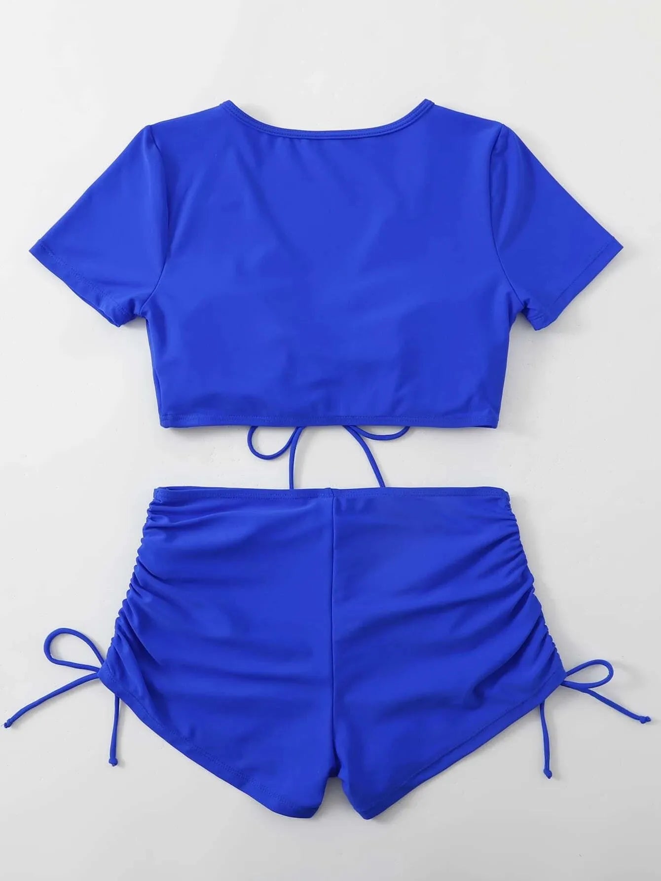 Women's lace-up bow swimsuit two-piece set with high-waisted shorts in polyester material