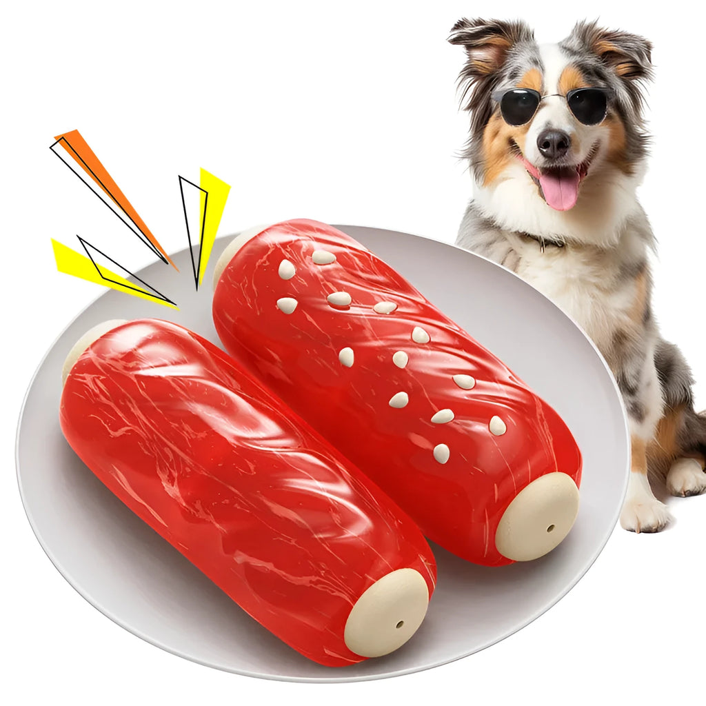 Primary colour plastic dog toy shaped with a molar rod for holding treats