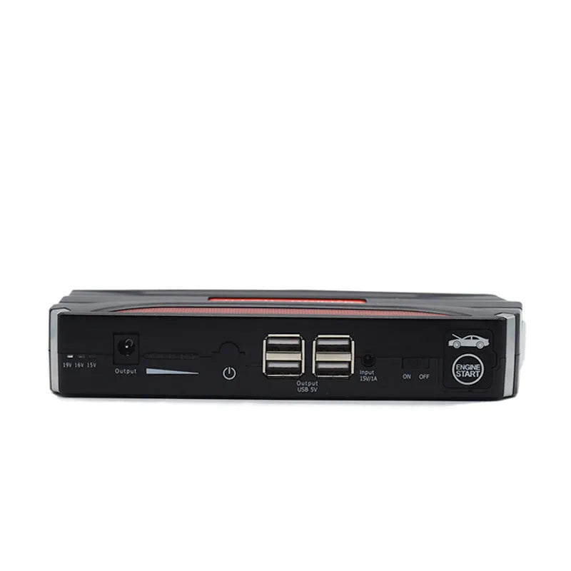 Black and red 12V vehicle emergency jump starter power bank with stated 7800mAh capacity.