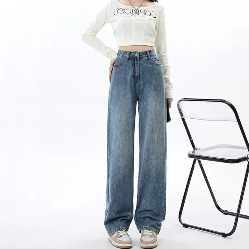 Women's retro blue high waist wide leg jeans with straight-leg trousers styling