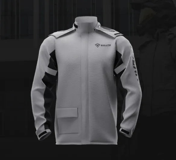 Motorcycle rain suit set showing split raincoat, rain pants, hidden shoe covers, and storage bag.