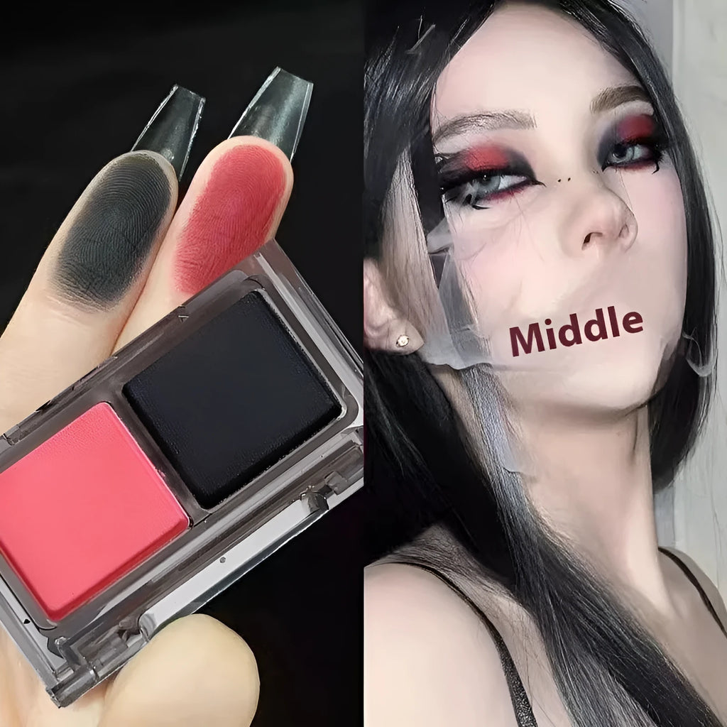 Cool two-tone eyeshadow palette showing pink and black matte and shimmer pressed powder in a single compact.