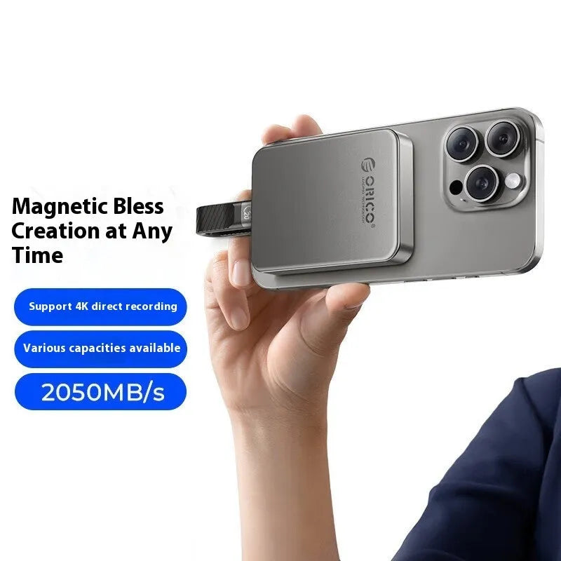 Grey ultra-thin magnetic mobile solid state drive with compact dimensions