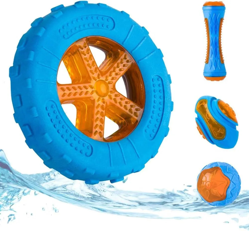 Set of four floating TPR dog toys: a squeaky ball, barbell, and two tires for water fetch.