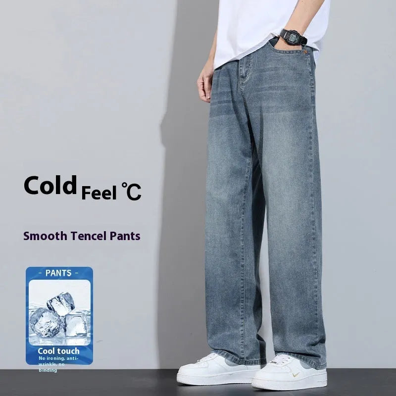 Ice silk denim wide-leg trousers straight casual style with zip placket fly opening
