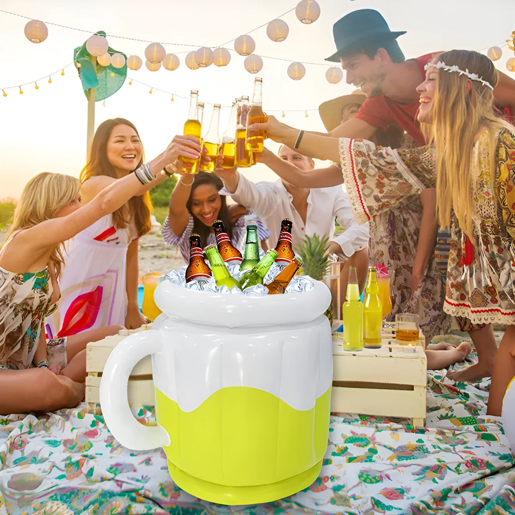 Yellow inflatable PVC ice bucket for outdoor drink cooling at parties and beaches