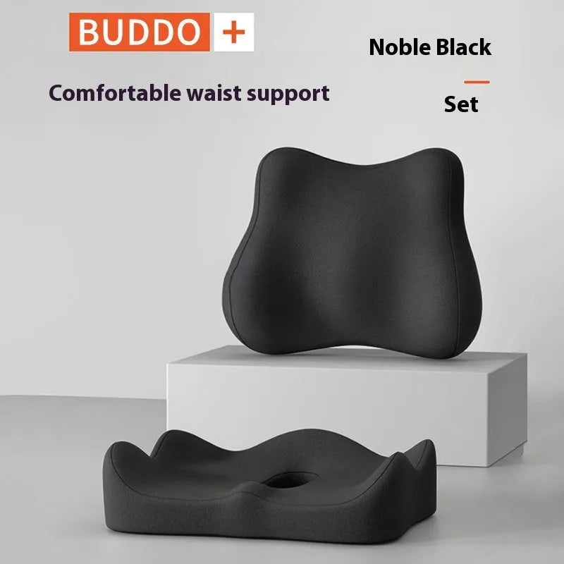 A waist rest seat cushion with memory foam filler for office use, shown in a blue and grey colour combination.