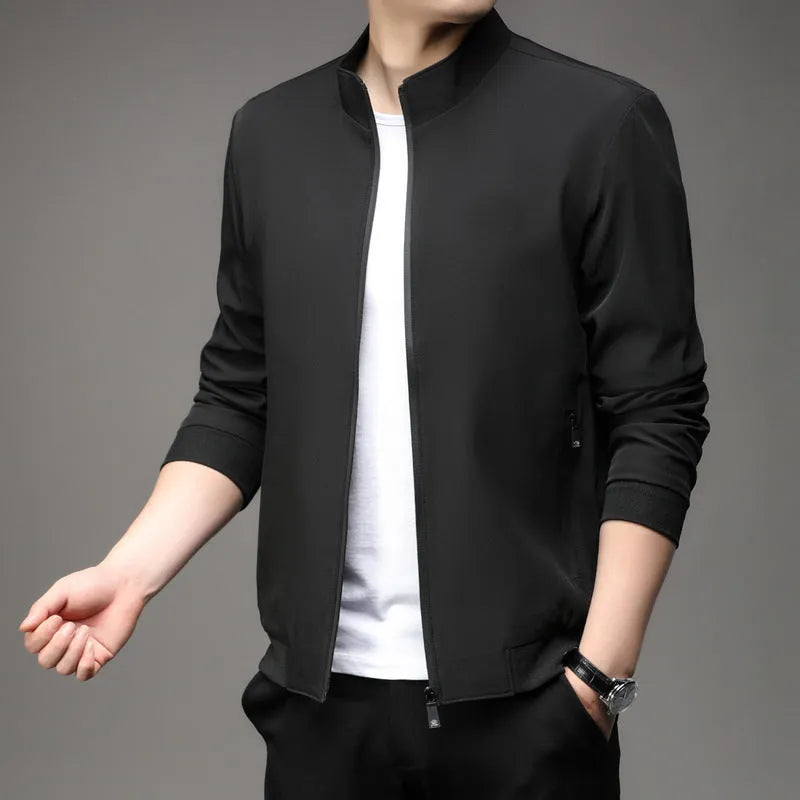 Korean-style men's loose lapel autumn jacket in a casual blue colour with zippered pockets.