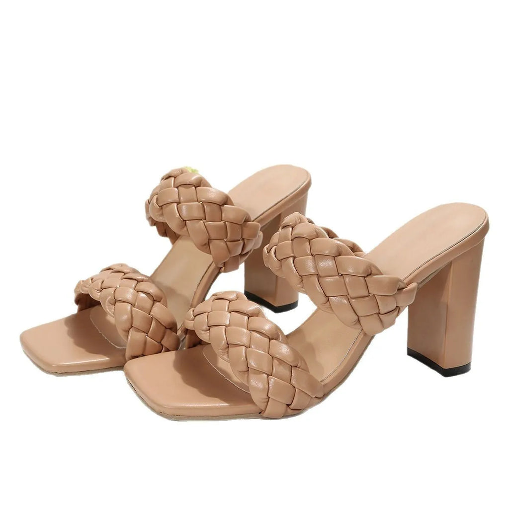 Square toe flip-flops with chunky woven heel in white and apricot colours on a rubber sole.