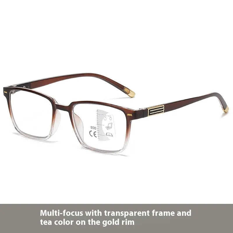 Multifocal reading glasses with anti-blue light and photochromic lenses in black frame with gold accents