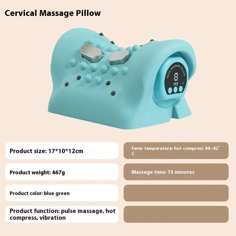 Blue-green portable EMS shoulder and neck massage pillow showing compact size