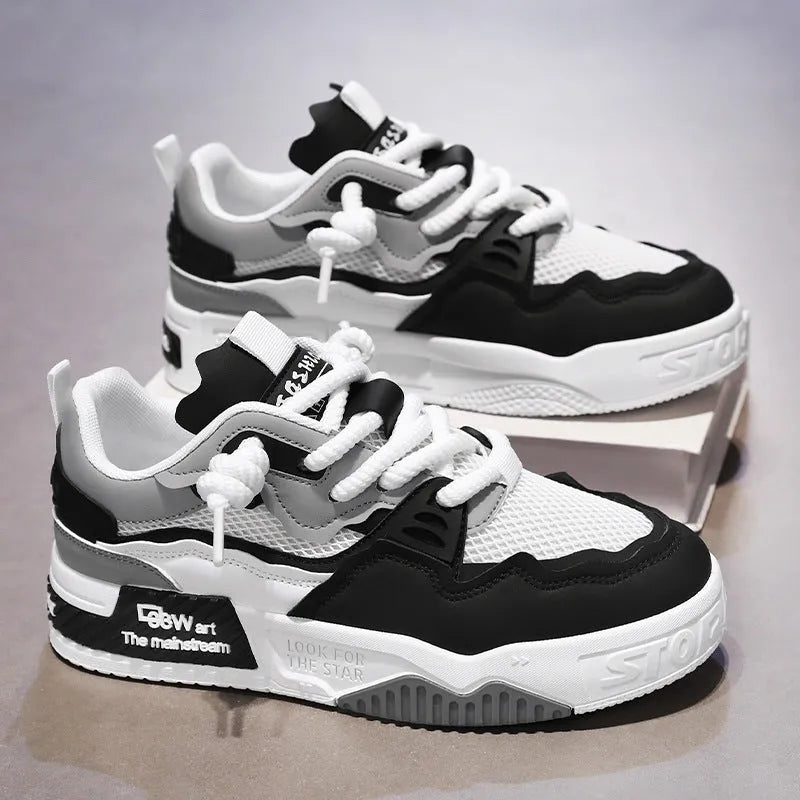 Men's board shoes with rubber soles in white and yellow, white and black, and beige colour options