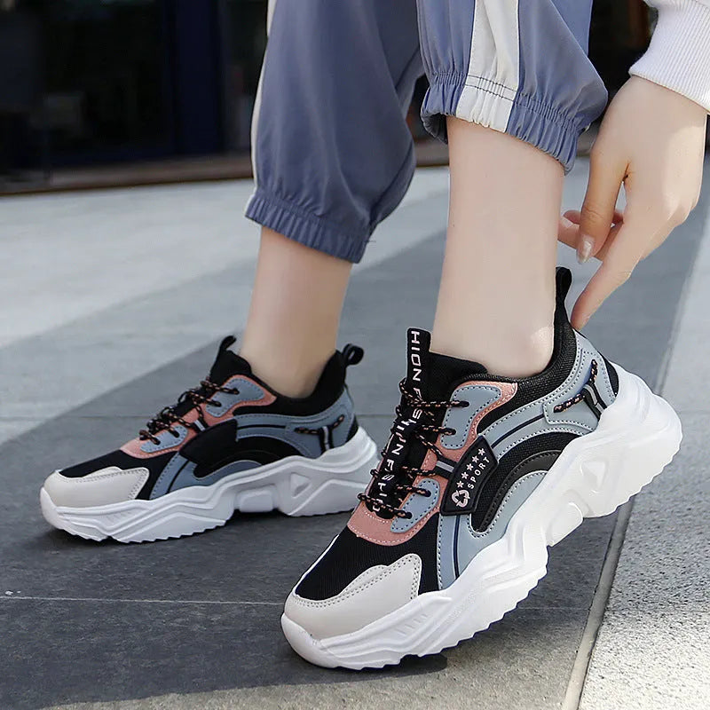 White women's casual sports shoes with mesh upper, buckle, and thick PU sole