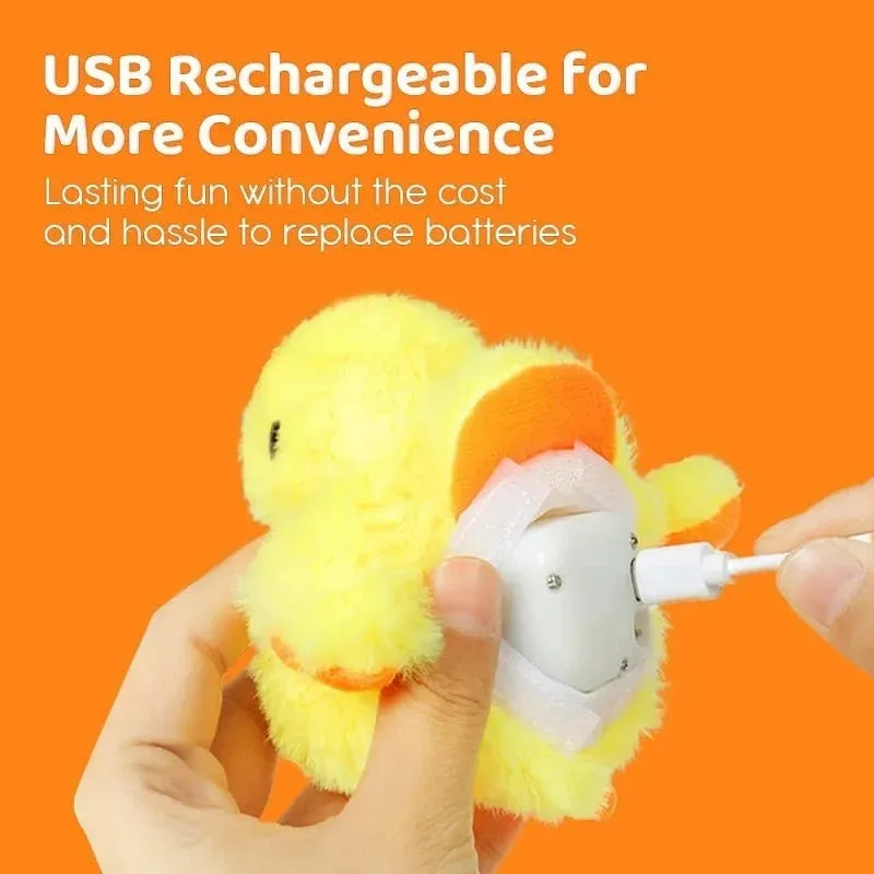 Yellow flapping duck cat toy with removable plush cover and USB charging cable