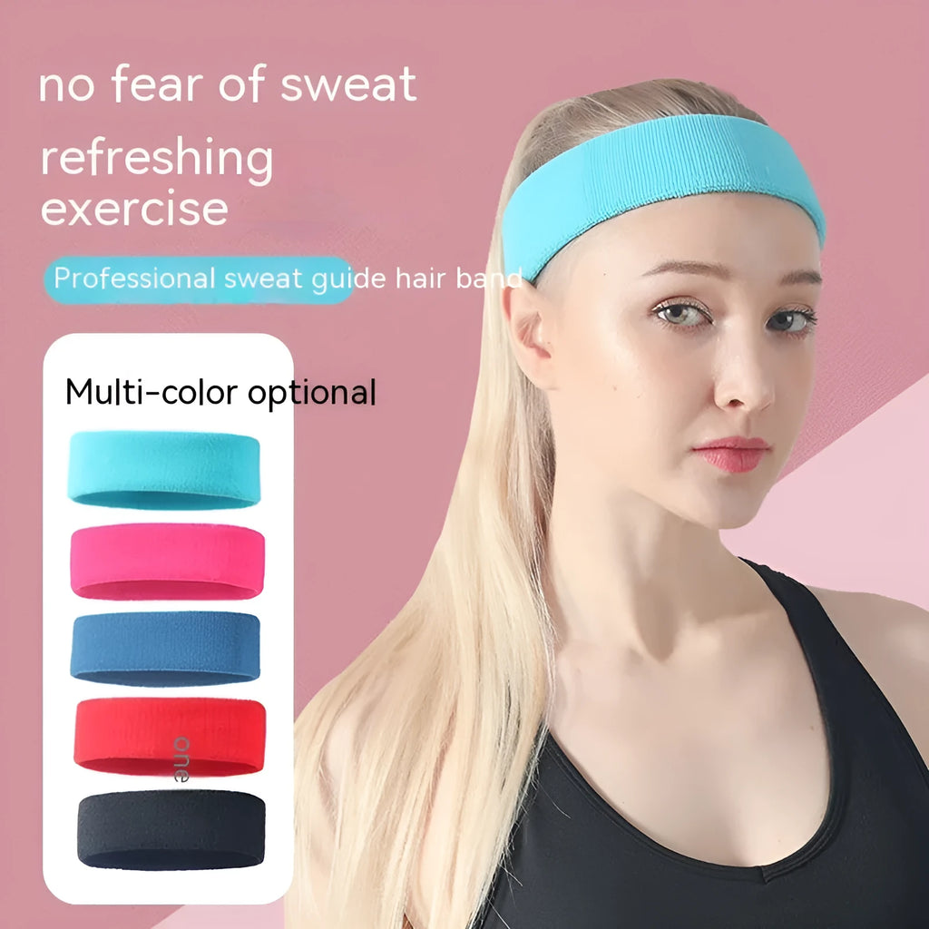 Widening elastic sports sweat headband in solid colour made from polyester spandex.