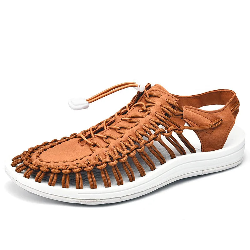 Woven Roman sandals with an elastic drawstring tie in multiple colour options on a rubber sole.