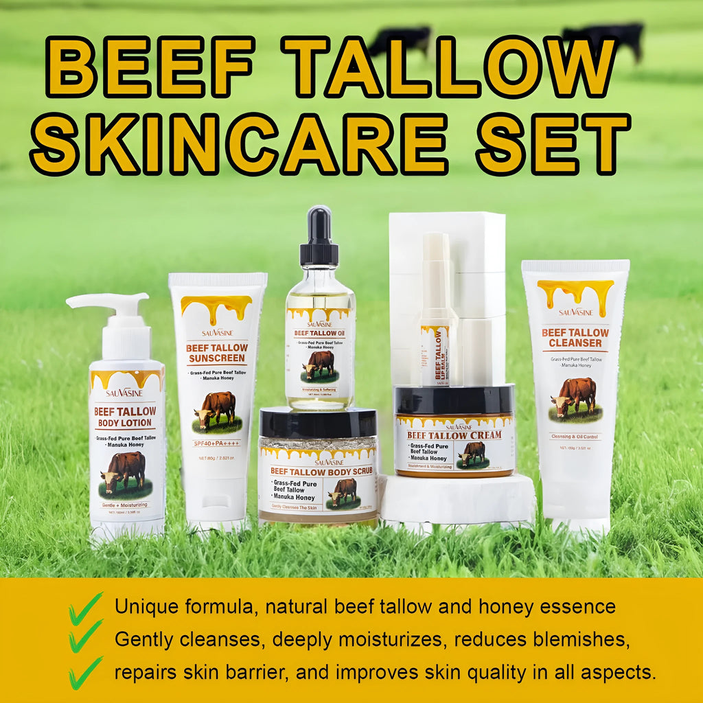 Seven-piece skincare set showing facial cleanser, face cream, lipstick, protective cream, body lotion, facial scrub and beef tallow soap