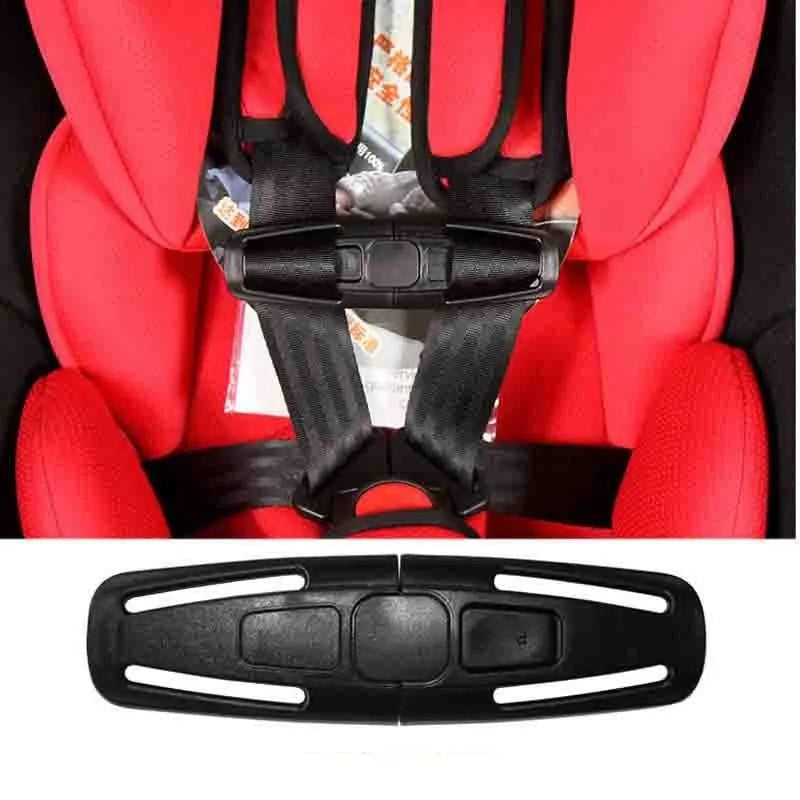 Black nylon child safety seat belt clip buckle measuring 14.5 by 4 centimetres