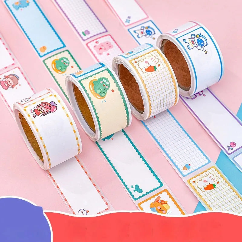 Roll of cartoon adhesive name tape stickers showing Dinosaur, Astronaut, Rabbit, and Girl designs.
