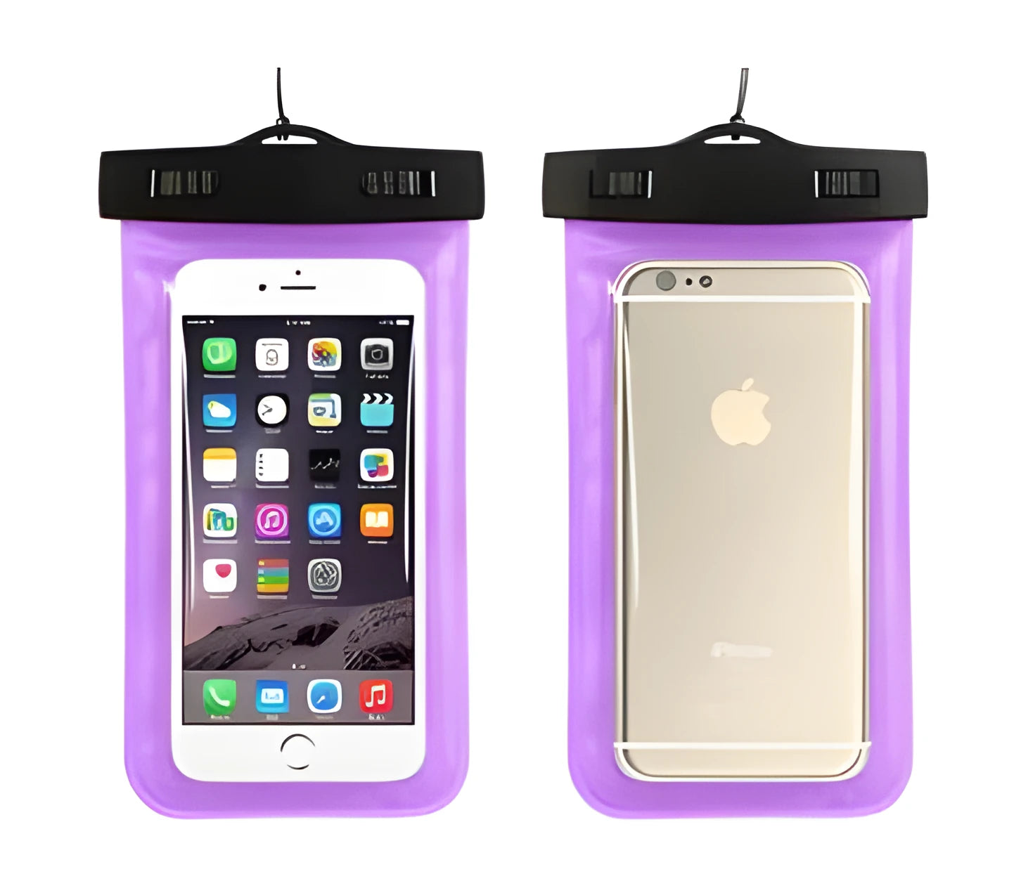 AQUA-ONE transparent waterproof phone pouch in assorted colours, showing phone inside.