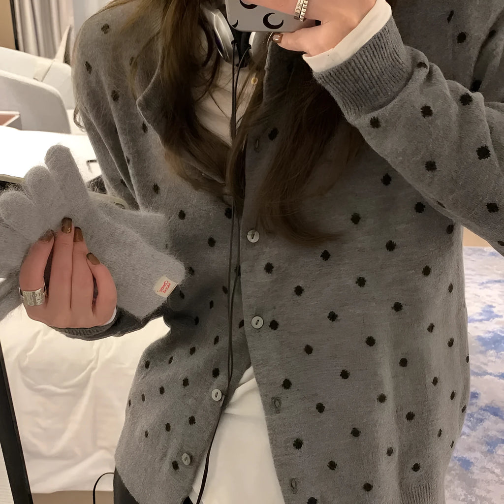 Gray dot knitted cardigan with crochet flower detail on woman, Korean style loose fit