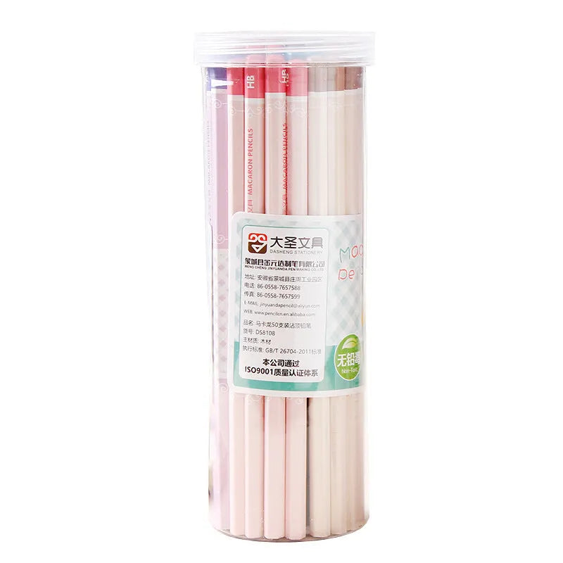 Fifty basswood hexagonal HB pencils in a wooden storage barrel for bulk stationery supply