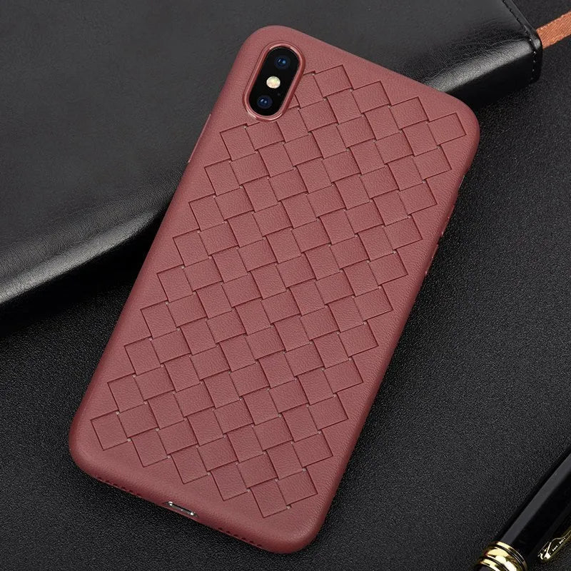 Luxury grid weaving pattern iPhone case with raised protective lips, shown in multiple colour options.