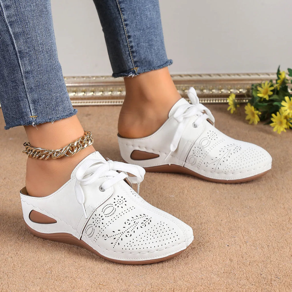 Women's lace-up wedge slippers with hollow-out suede upper and rubber sole