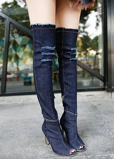 High-stretch denim knee high boots with stovepipe fit, 55cm tube height, rubber sole, black colour option