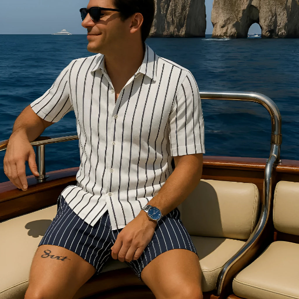 Men's beach shirt and shorts set in four-sided elastic fabric showing casual style
