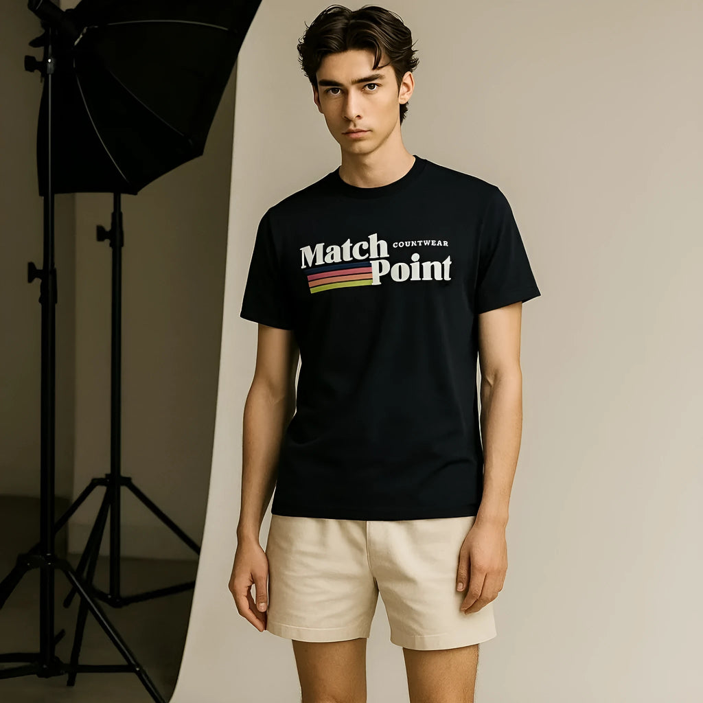 Men's black polyester t-shirt with 3D printed text pattern, round neck and short sleeves