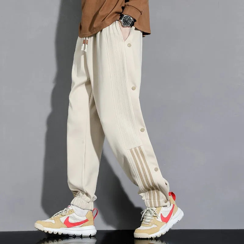 Men's loose ankle-tied autumn sweatpants in cotton blend fabric with high waist design