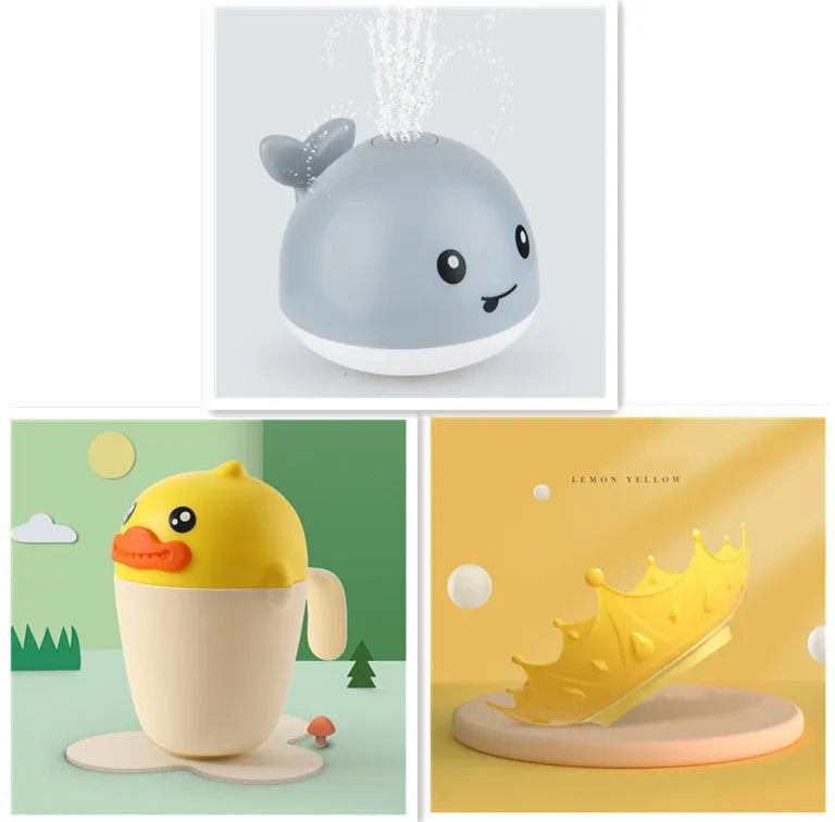 Electric whale-shaped baby bath toy with water spray, LED lights, and automatic water sensor