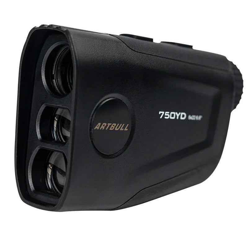 Golf laser rangefinder with 6x magnification showing LCD display with distance measurement