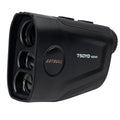 Golf laser rangefinder with 6x magnification showing LCD display with distance measurement