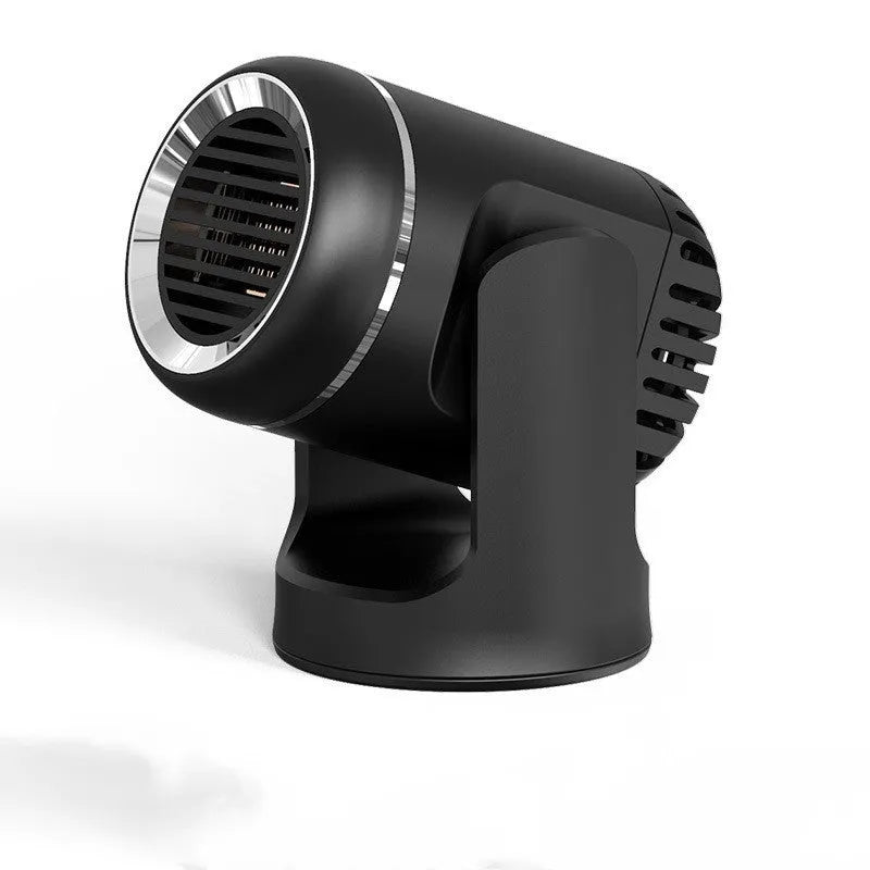 Black and white 12V car heater with dual hot cold settings for vehicle defrosting and warming