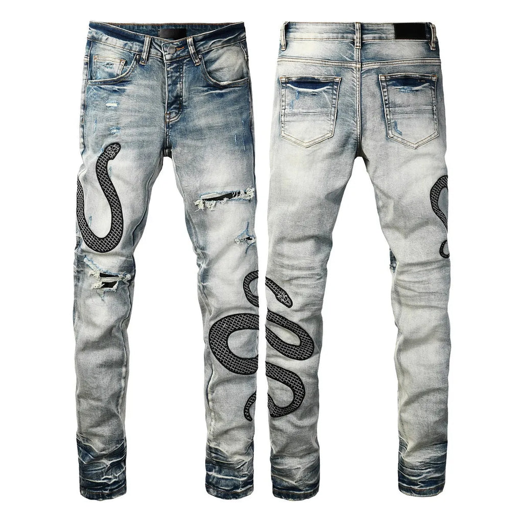 Blue distressed skinny jeans with a mid-waist and button-fly opening on a neutral background.