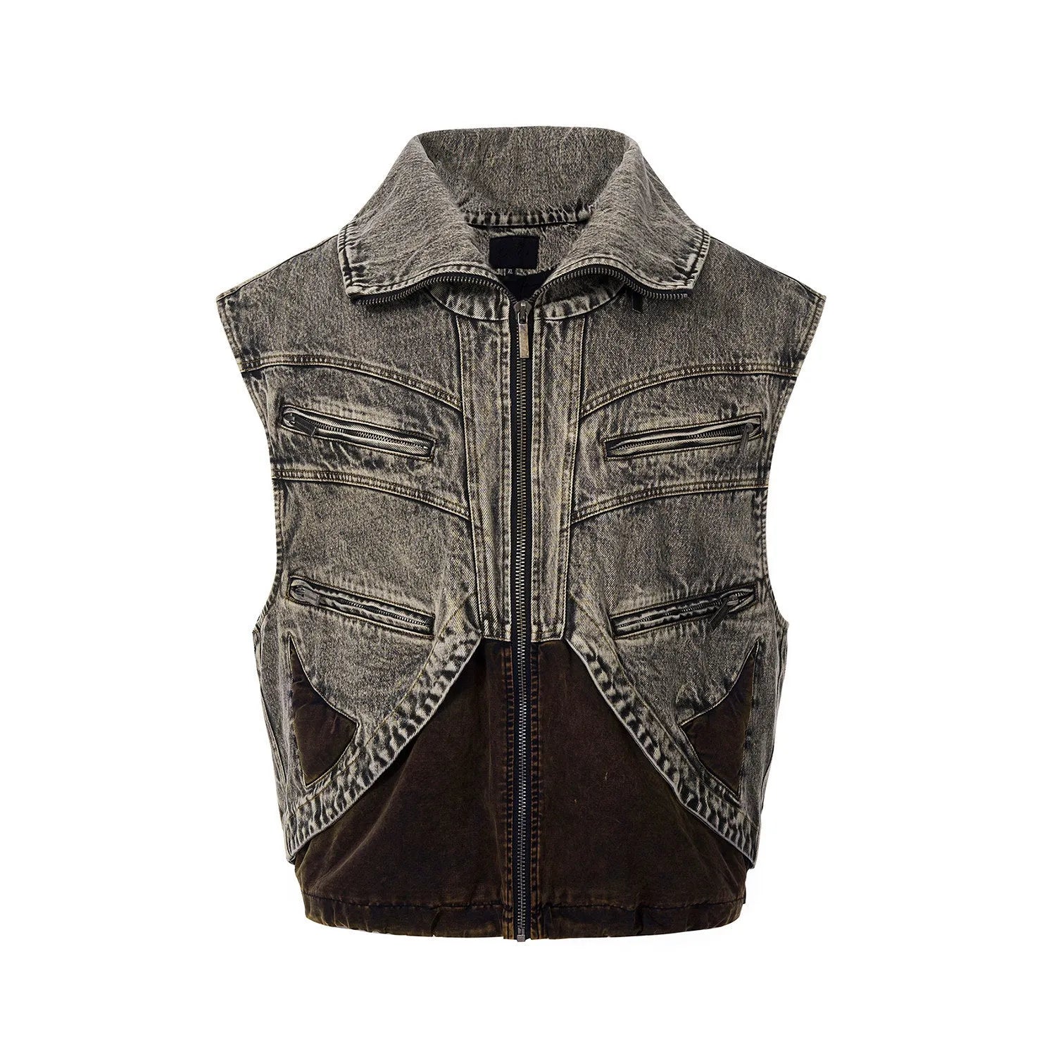 Men's spliced denim sleeveless vest jacket with front zipper closure
