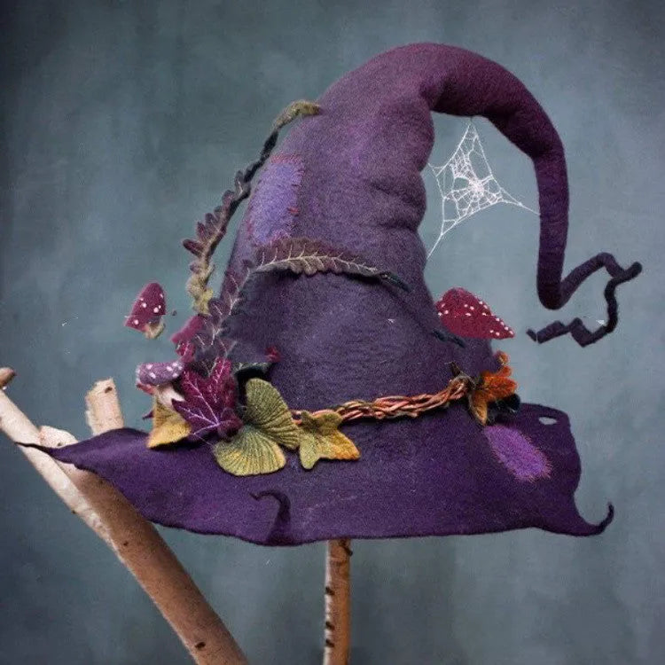 Women modern witch hat costume pointed cloth Halloween party hat in purple, fuchsia, blue, brown, red colours 36x39cm