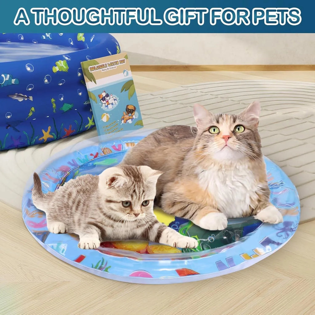 Large square blue water sensory playmat for cats on a floor, showing floating fish toys inside.