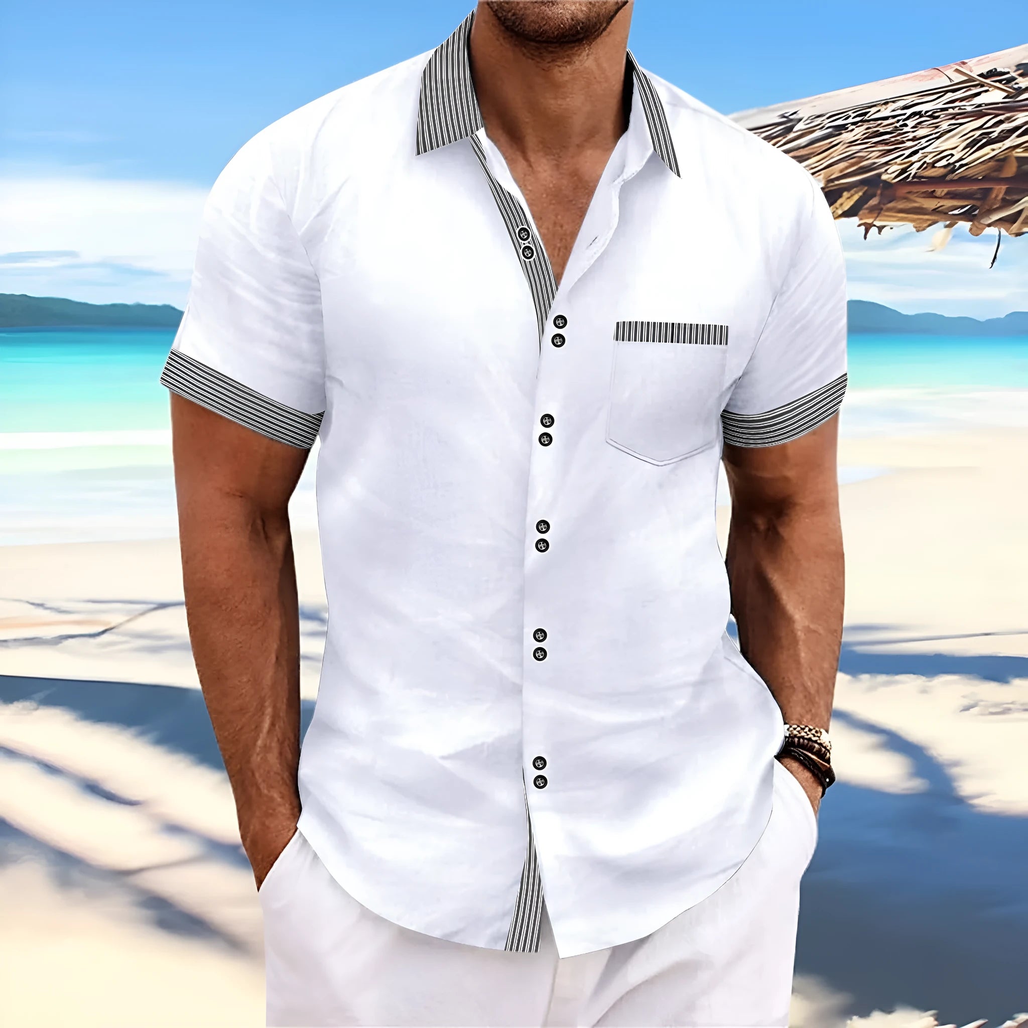Men's pure cotton slim fit striped short sleeve casual shirt with double button design