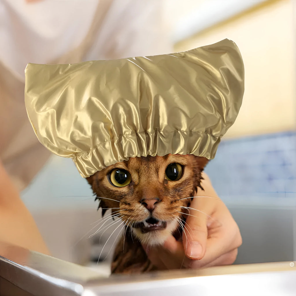 Adjustable waterproof shower cap for dogs and cats in silver, pink, or gold colours