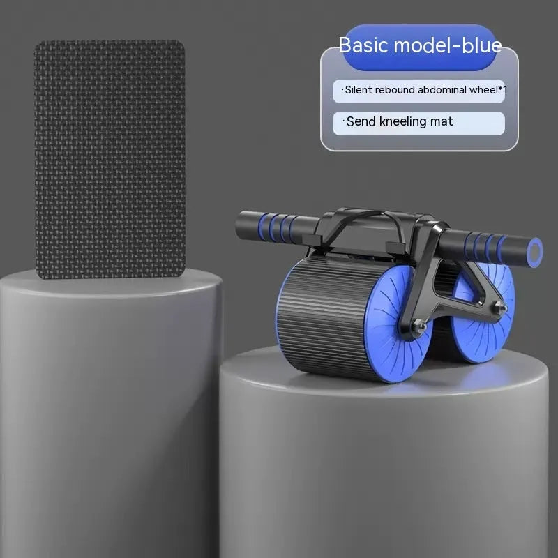 Black and blue automatic rebound abdominal exercise wheel on a matching grey blue locking edge yoga mat.
