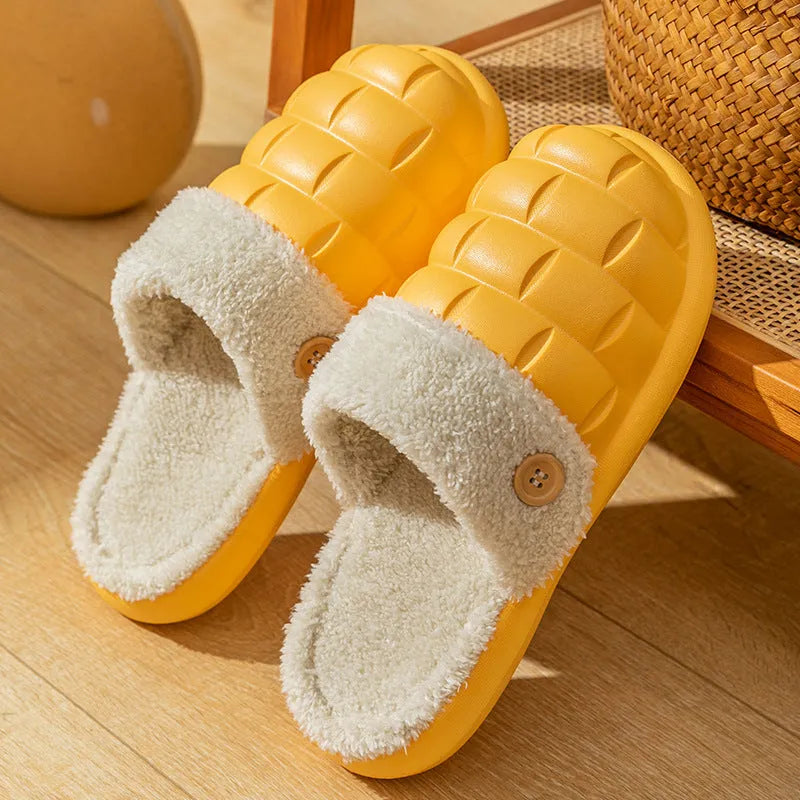 Plaid patterned detachable slippers for women with plush lining and a textured EVA anti-skid sole.