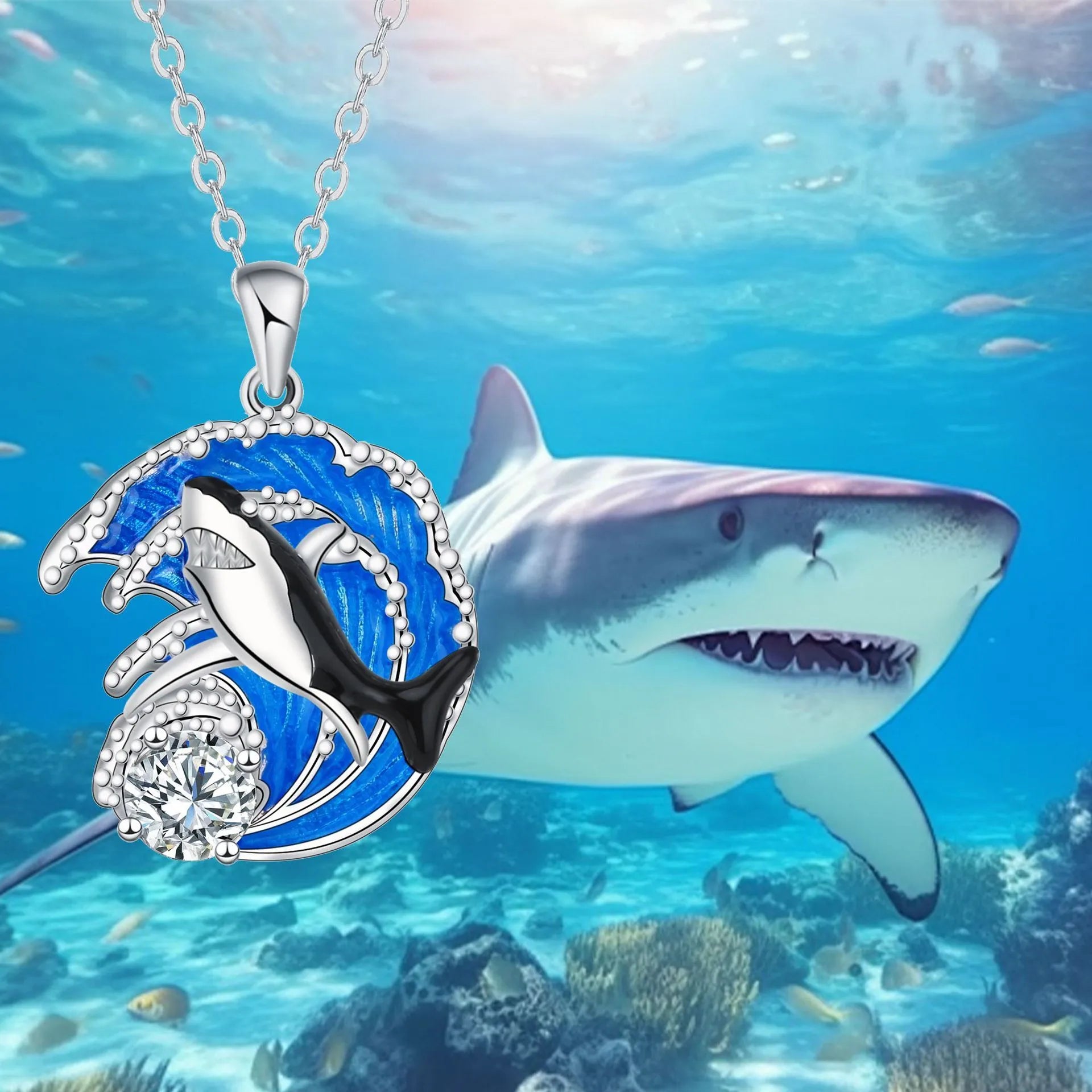 Women's copper shark necklace with cross chain design showing animal pendant and adjustable length