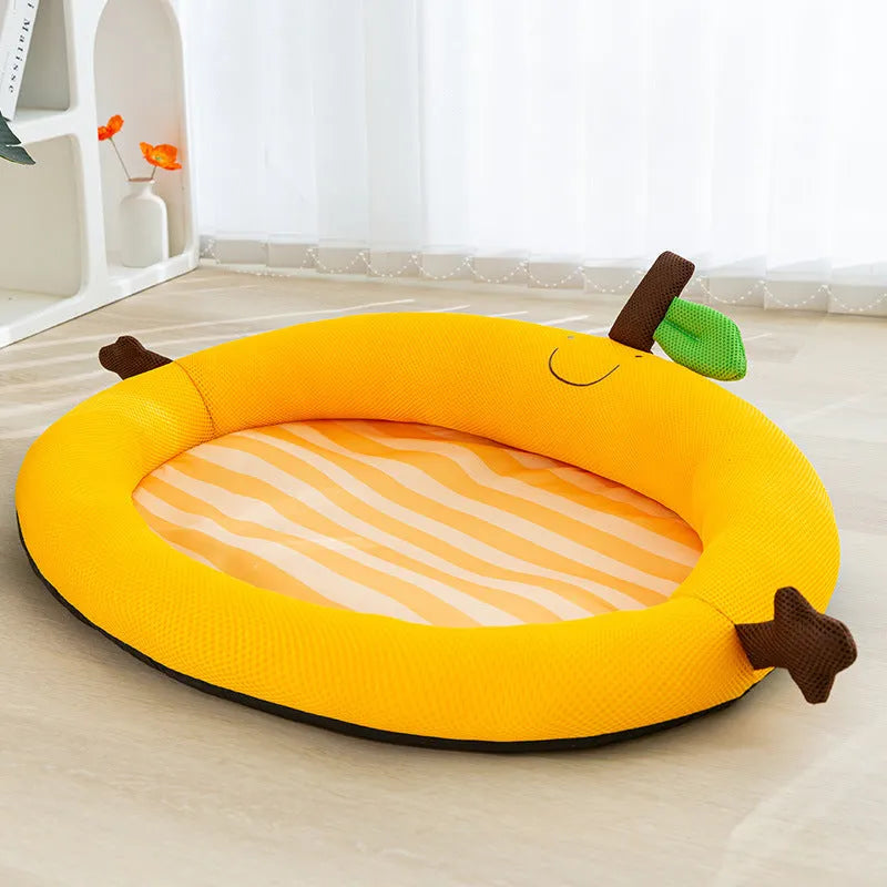 Green fruit-shaped pet bed with raised edges and cushion mat for cats and dogs