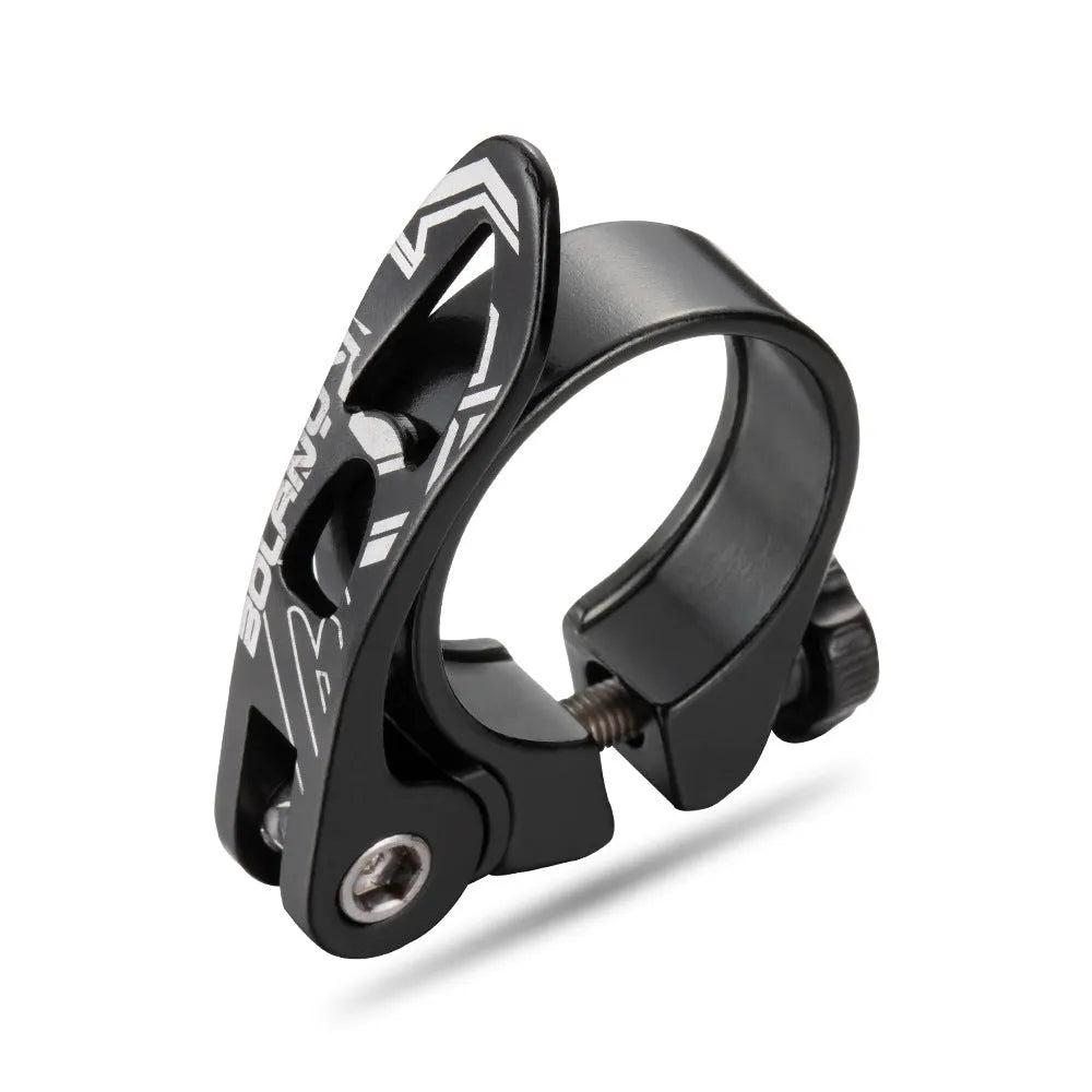 Aluminium bicycle seat tube clamp in black, red, gold, or blue, showing 31.8mm and 34.9mm size options.