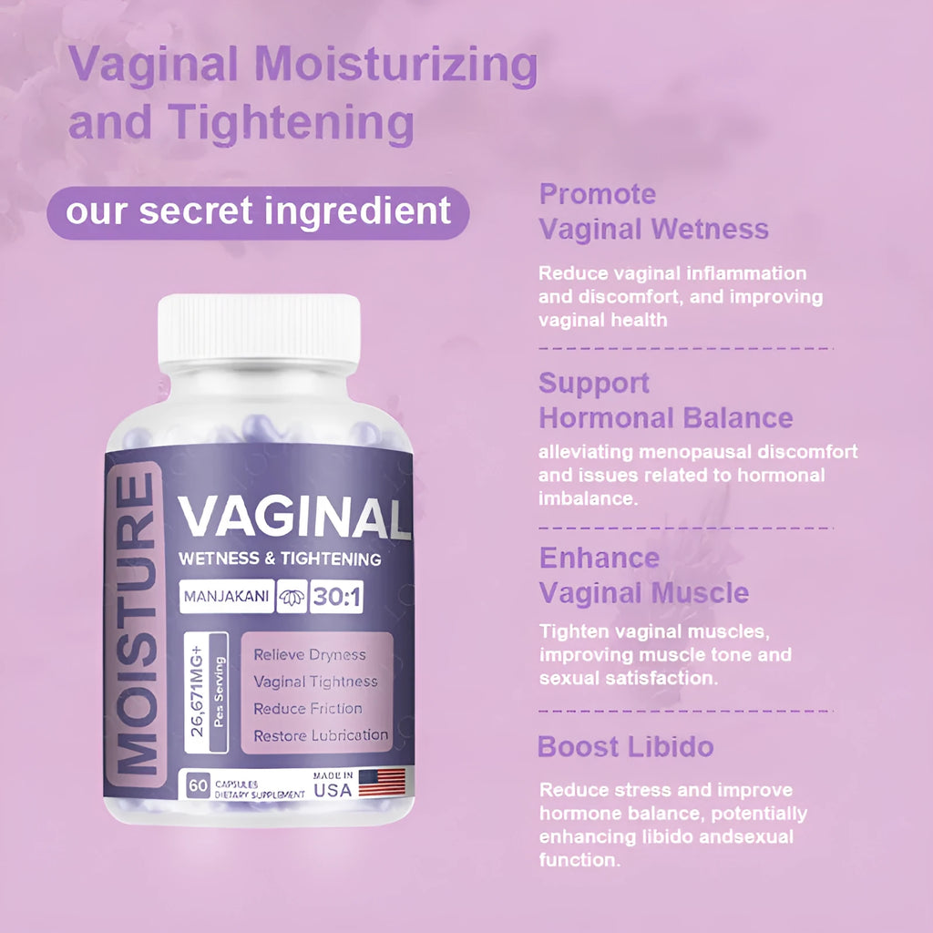 Bottle of 60 vaginal capsules for women's intimate health with plant-based extract formula