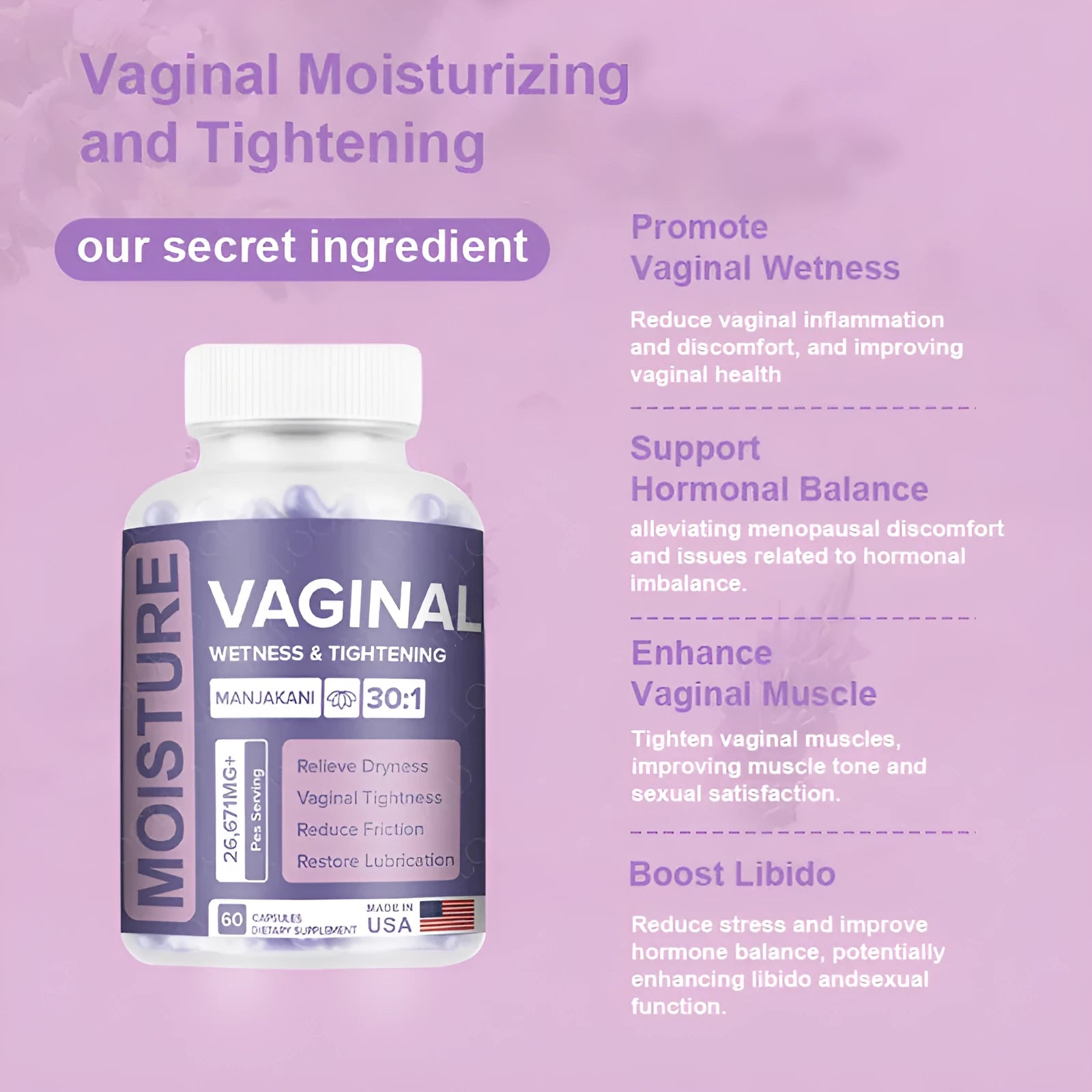 Bottle of 60 vaginal capsules for women's intimate health with plant-based extract formula